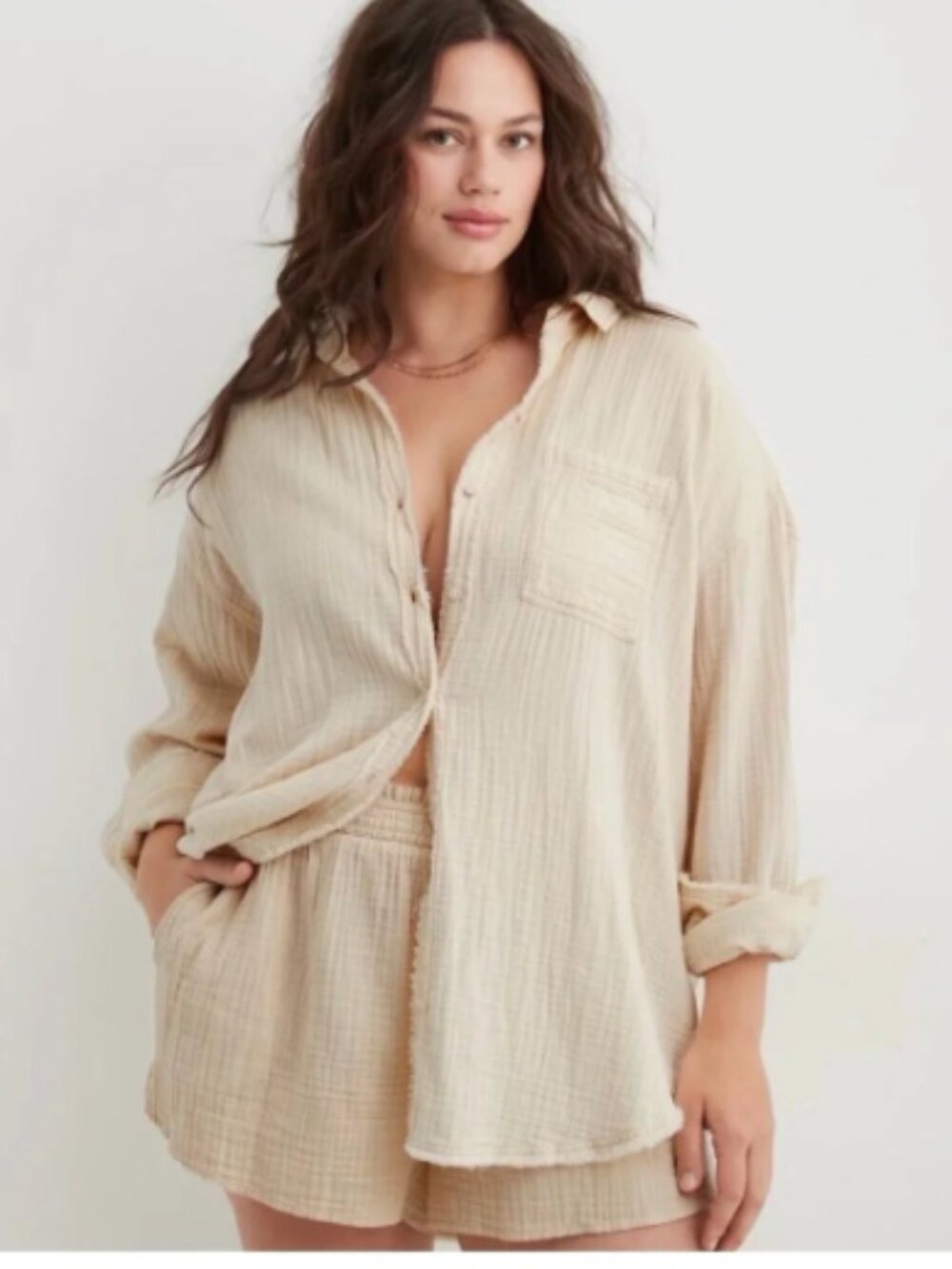 Aerie Pool To Party Gauzy Cover Up Top Cream 100% Cotton Size L